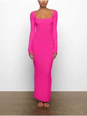 SKIMS Long-Sleeve Square Neck Maxi Dress in Hot Pink